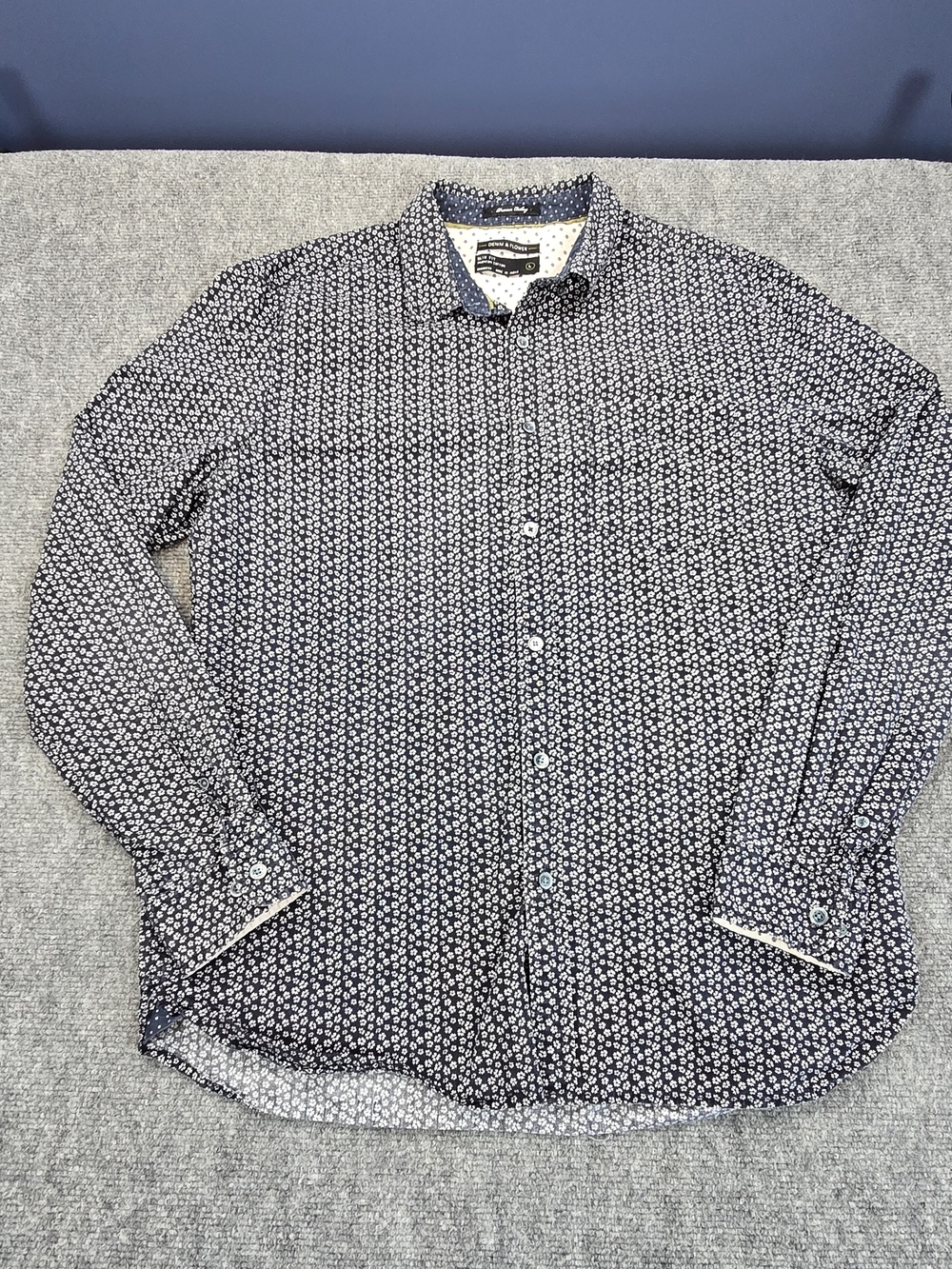 Denim & Flower Navy Micro Floral Button Down Shirt Mens L Slim Fit Cotton Casual